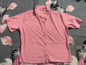 Pink Eyelet Short Sleeve Button-Up Shirt