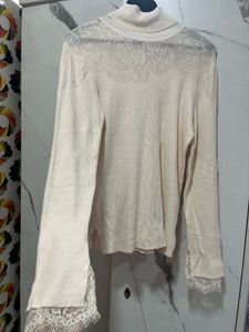 Elegant Lace Trim Turtleneck Sweater