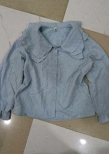 Light Blue Ruffled Collar Blouse