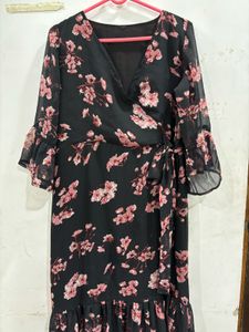 Black dress with pink floral print