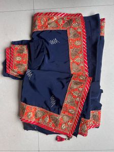 Navy Blue Embroidered Saree with Red Border
