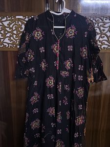 Black Long Floral Print Kurta with bell sleeves