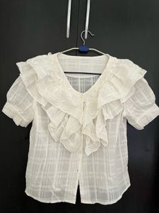 White Ruffle Neck Puff Sleeve Top