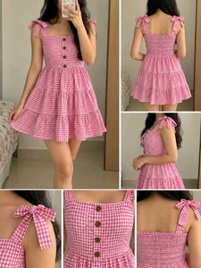 Pink Gingham Checkered Tiered Mini Dress