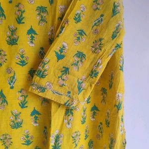 Yellow Floral Print Cotton Kurta