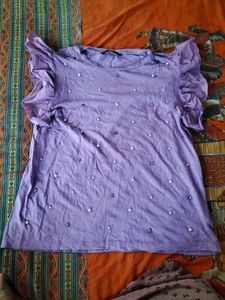 Purple Pearl Embellished Flutter Sleeve Top