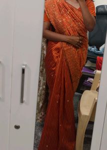 Orange Striped Saree with Embellishments