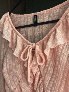 Sheer Lace Ruffle Tie-Front Top