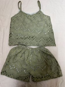 Olive Green Eyelet Cami & Shorts Set