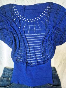 Blue Embellished Sheer Top