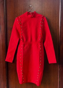 Red Studded Long Sleeve Mini Dress
