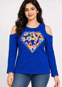 Blue Cold Shoulder Top with Diamond Embellishment