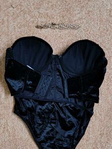 Black Velvet Feather Trim Bodysuit