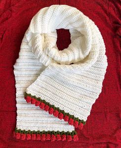 Handmade White Crochet Scarf with Red Roses