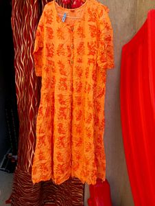 Vibrant Orange Floral Print Kurta
