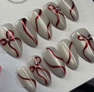 Elegant White &amp; Red Bow Press-On Nails