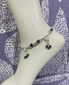 Silver Anklet with Black Beads and Charms