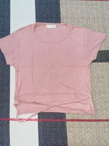 Pink Ribbed Knit Crop Top with Tie Detail
