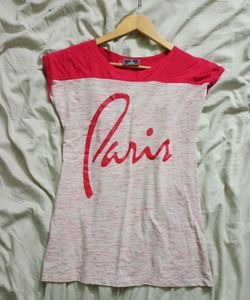 "Paris" Printed Pink &amp; Off White T-shirt, Size - S