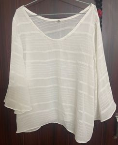 Chic White Sheer Stripe Bell Sleeve Top