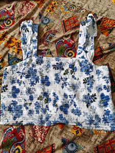 Blue Floral Smocked Crop Top