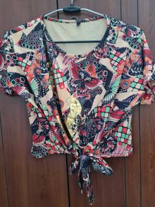 Vibrant Butterfly Print Tie-Front Top