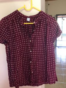 Maroon Printed Button-Up Top