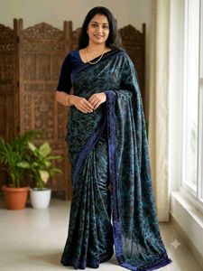 Elegant Blue & Black Printed Saree