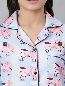 Women Blue &amp; Pink Donut Coffee Printed Night Suit
