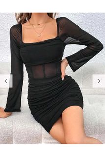 Chic Black Sheer Mesh Ruched Dress