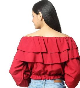 Red Off-Shoulder Ruffle Crop Top