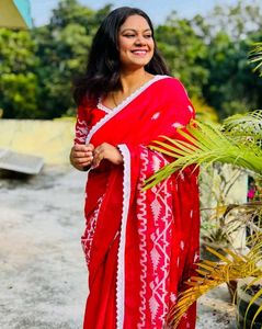 Beautiful Red  embroidery  Saree with White Prints