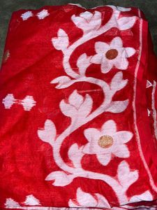Red Saree with Gold &amp; White Motifs