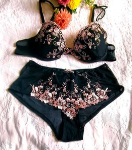Black Embroidered Bra & Panty Set