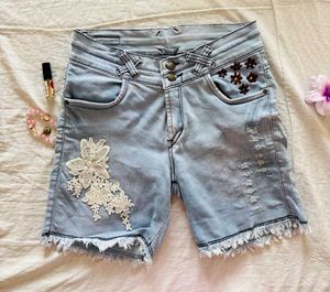 blue embroidered denim shorts