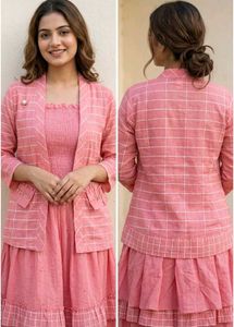 Pink Checkered Kurta Set with Jacket