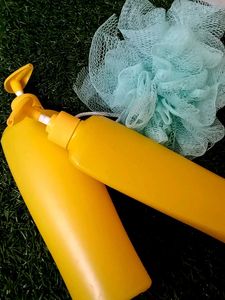 Yellow Pump Bottles &amp; Bath Puff Set