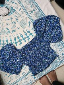 Blue Floral Smocked Puff Sleeve Top