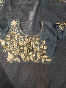velvet grey saree with stiched blouse