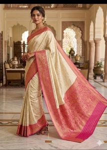 Elegant Cream &amp; Pink Banarasi Silk Saree