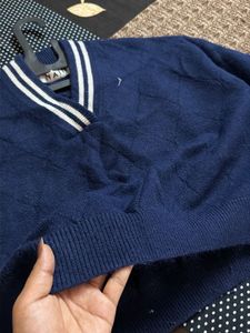 Navy Blue Striped V-Neck Sweater