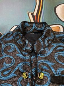 Stylish Blue &amp; Black Brocade Ethnic Jacket