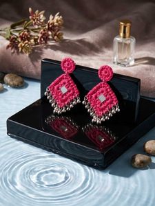 Boho Pink Diamond Earrings with Mirror(Navratri)