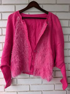 Vibrant Pink Fuzzy Cardigan- missing button