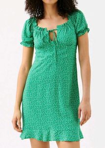 Green Ditsy Floral Puff Sleeve Dress
