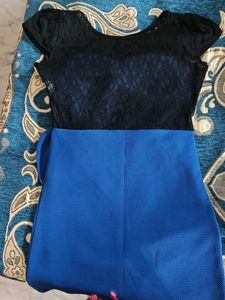 Elegant Blue Peplum Dress with Black Lace