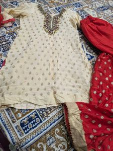 Elegant Cream &amp; Red Lehenga Choli Set