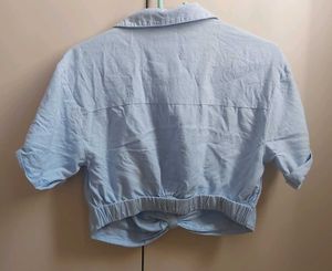 Blue Tie-Front Cropped Shirt