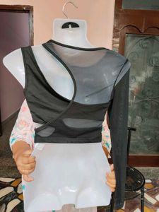 SHEIN Jet Black Cut-Out Asymmetrical Party Top - S