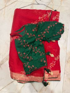 Elegant Red Saree with Embroidered Blouse